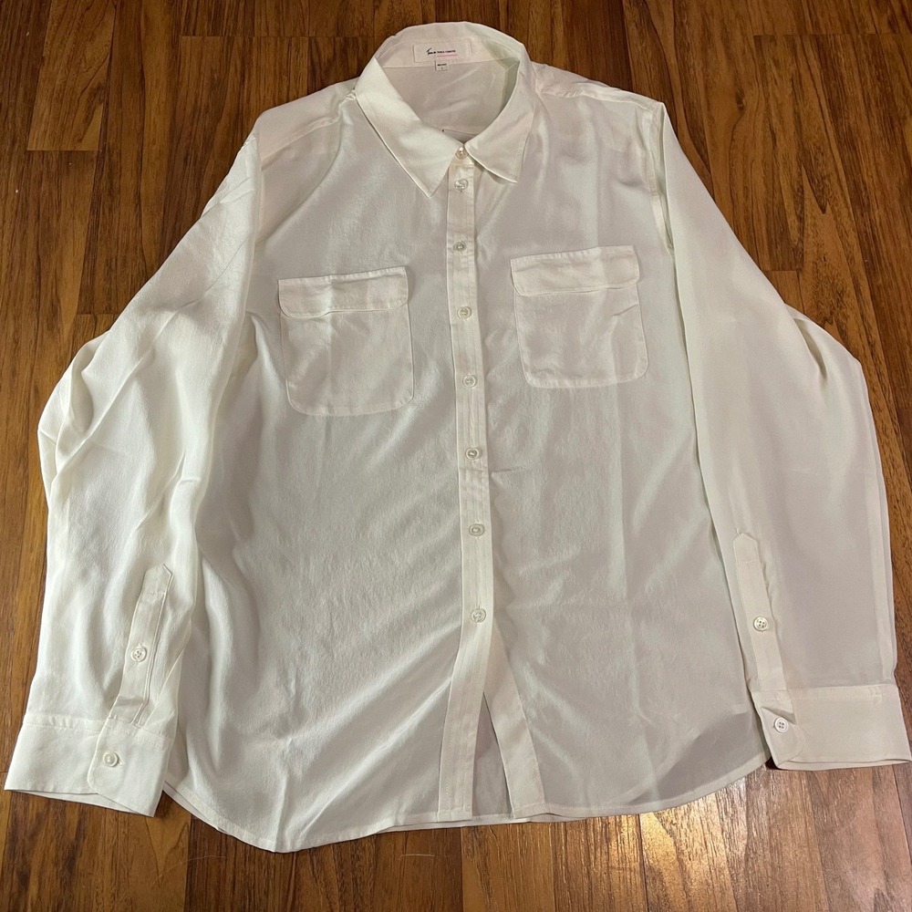 Vince Camuto Silk Blouse Womens Large Ivory Long Sleeve Button Down Top